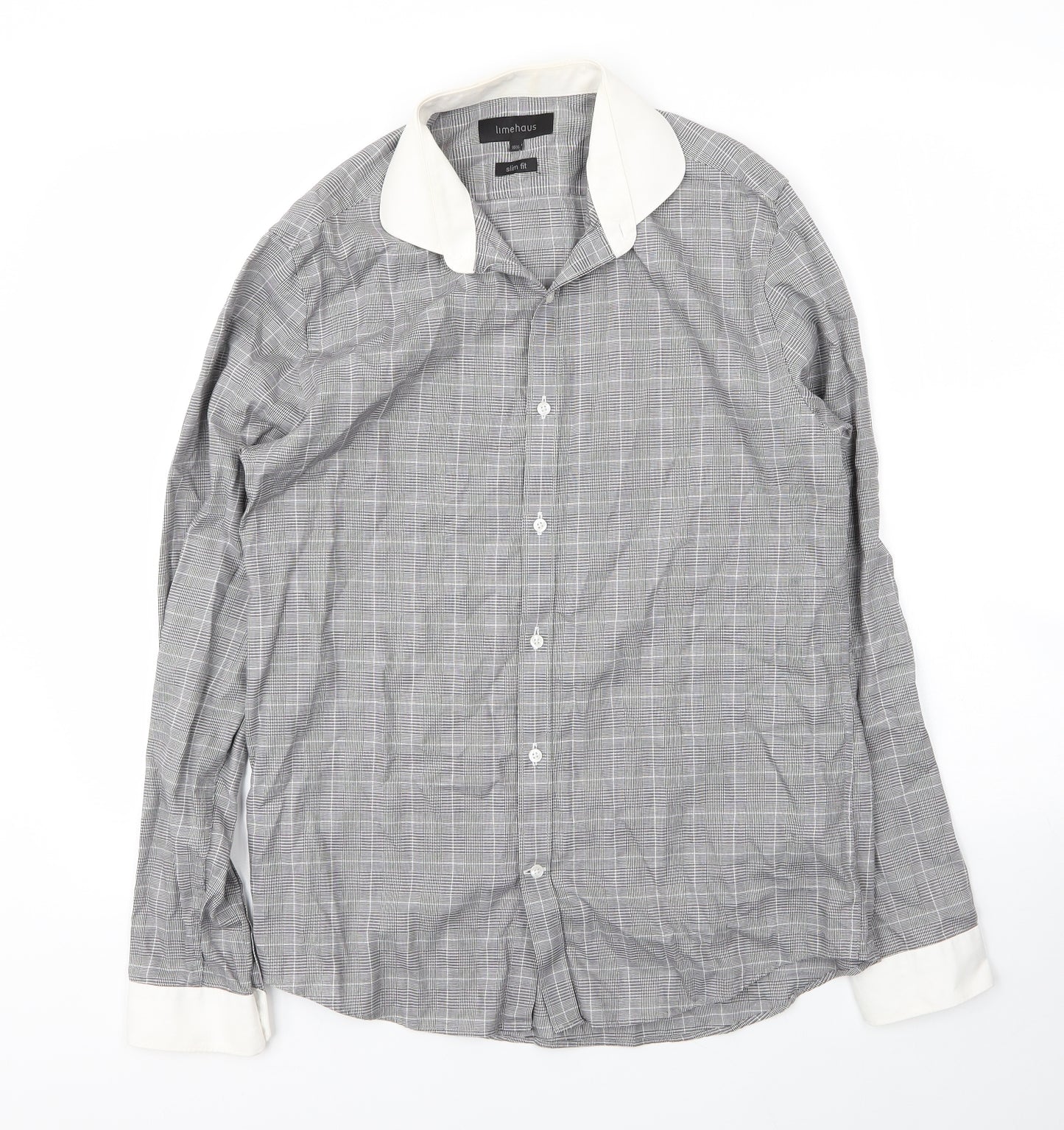 Limehaus Mens Grey Plaid Cotton  Button-Up Size 15.5 Collared Button