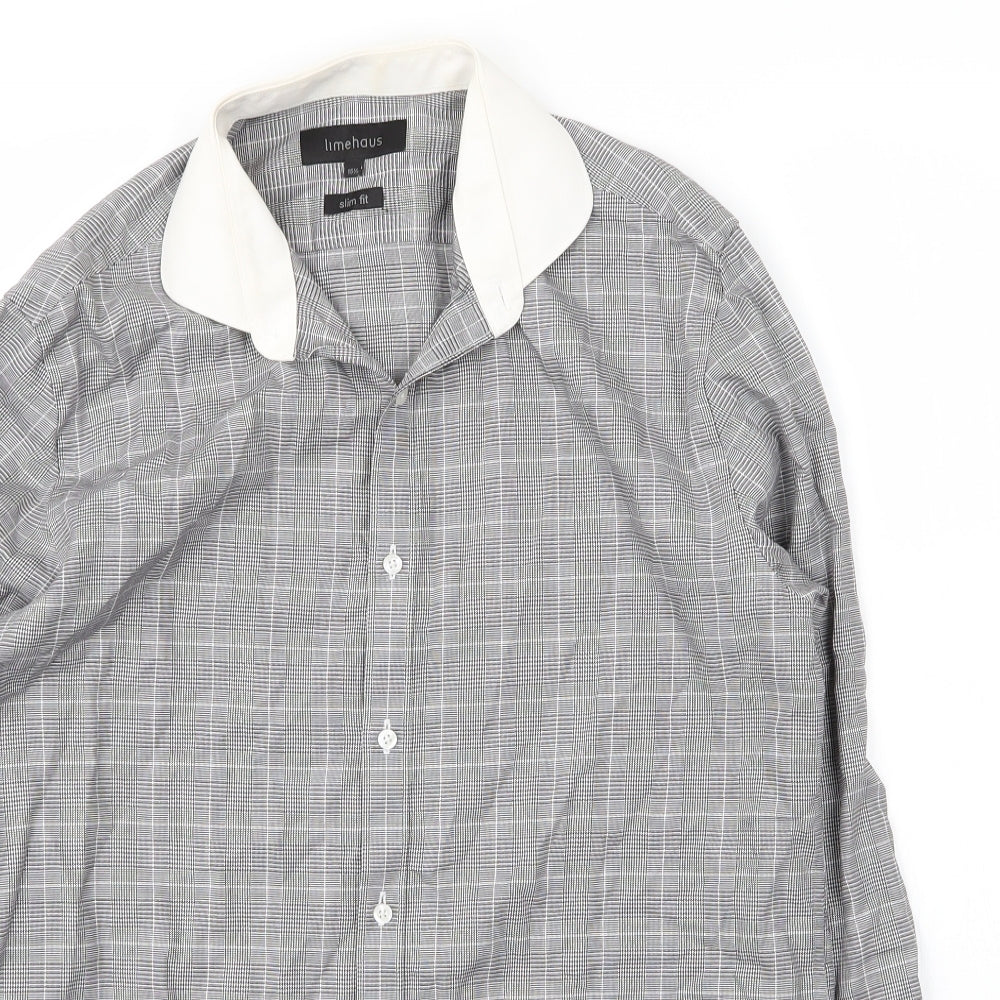 Limehaus Mens Grey Plaid Cotton  Button-Up Size 15.5 Collared Button