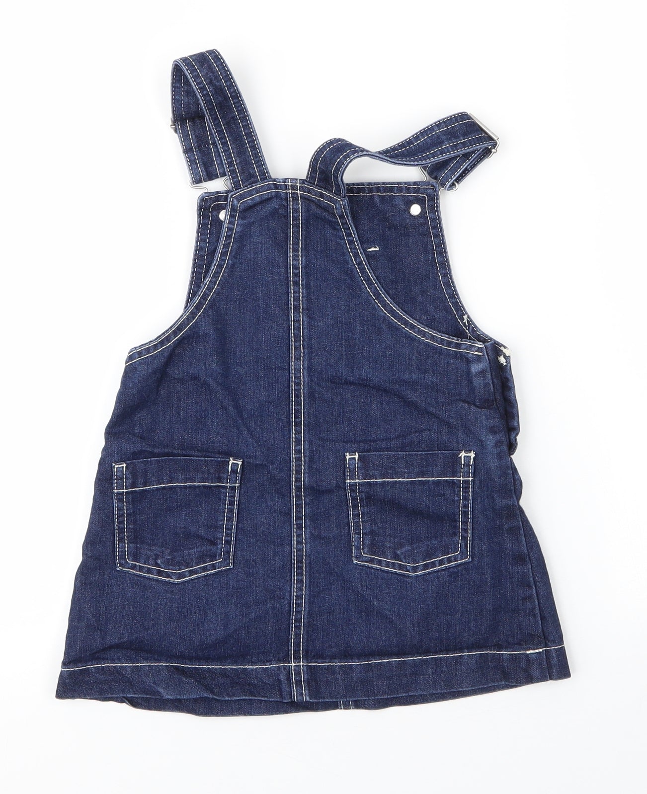 Debenhams Girls Blue  Cotton Pinafore/Dungaree Dress  Size 2-3 Years  Square Neck Buckle