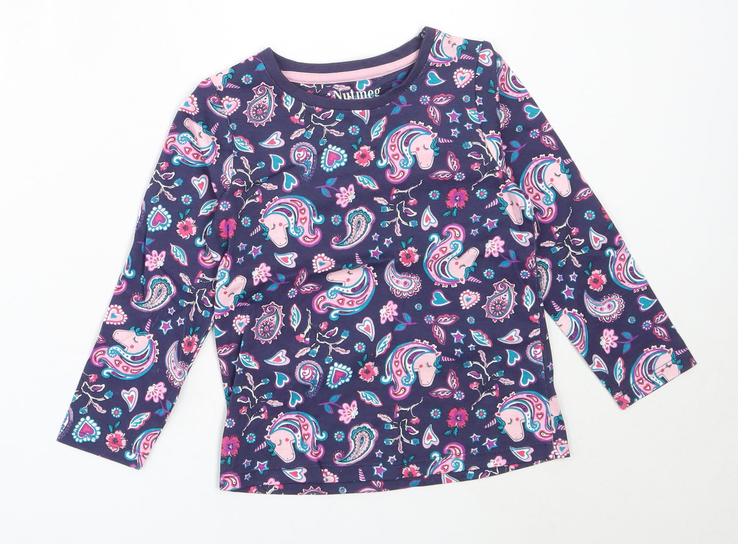 Nutmeg Girls Blue Paisley Cotton Basic T-Shirt Size 4-5 Years Round Neck