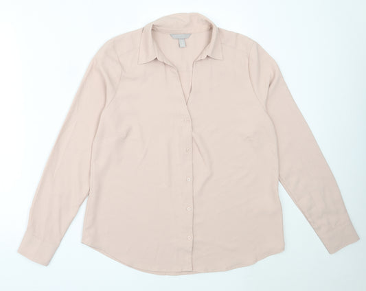 Front view of H&M women’s pink polyester basic button-up, size M, collared