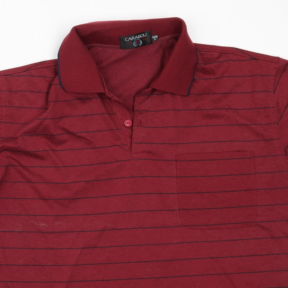 Carabou Mens Red Striped Cotton  Polo Size L Collared