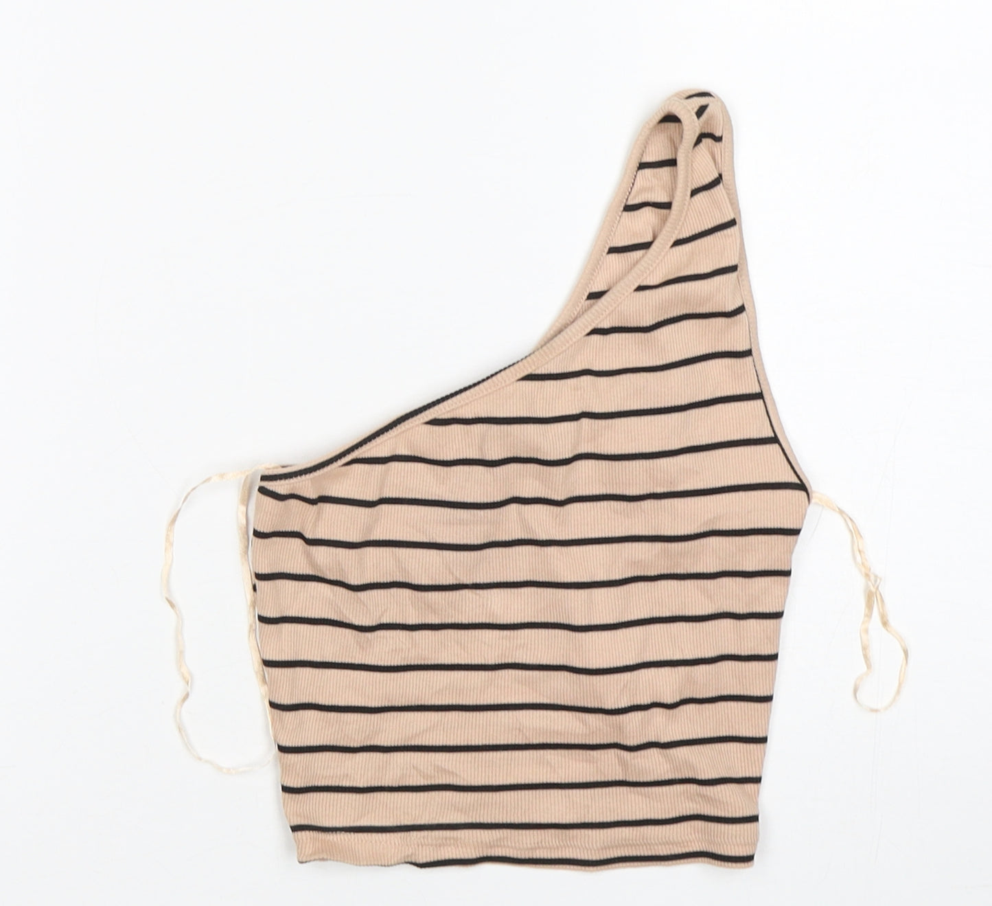 Primark Womens Beige Striped Cotton Cropped Tank Size 2XS One Shoulder