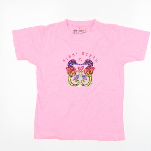 The Vacation Supply Co Girls Pink  Cotton Basic T-Shirt Size M Round Neck  - Miami Beach