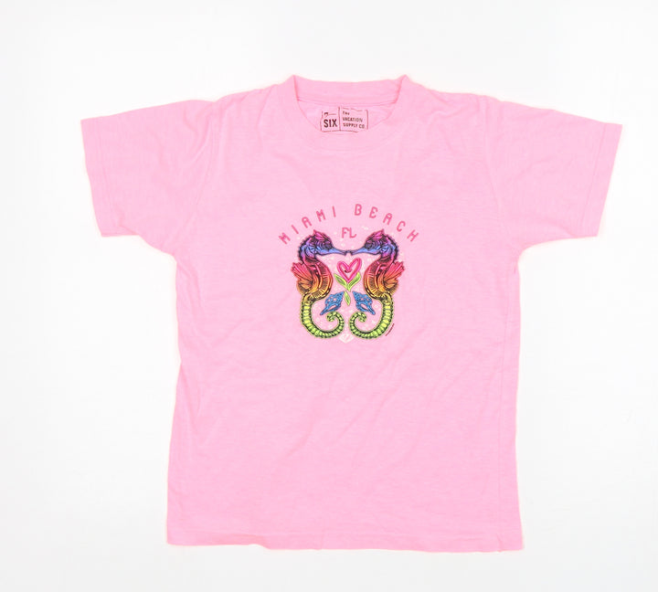 The Vacation Supply Co Girls Pink Cotton Basic T-Shirt Size M Round Neck - Miami Beach