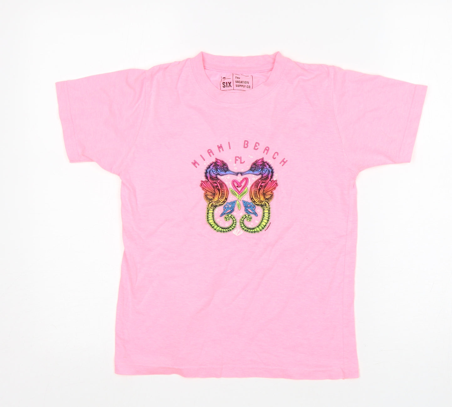 The Vacation Supply Co Girls Pink  Cotton Basic T-Shirt Size M Round Neck  - Miami Beach