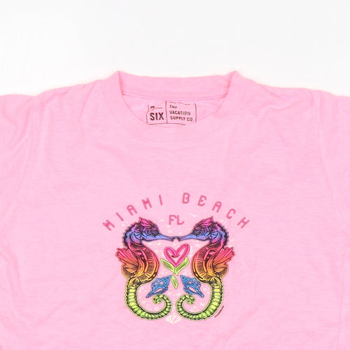 The Vacation Supply Co Girls Pink  Cotton Basic T-Shirt Size M Round Neck  - Miami Beach