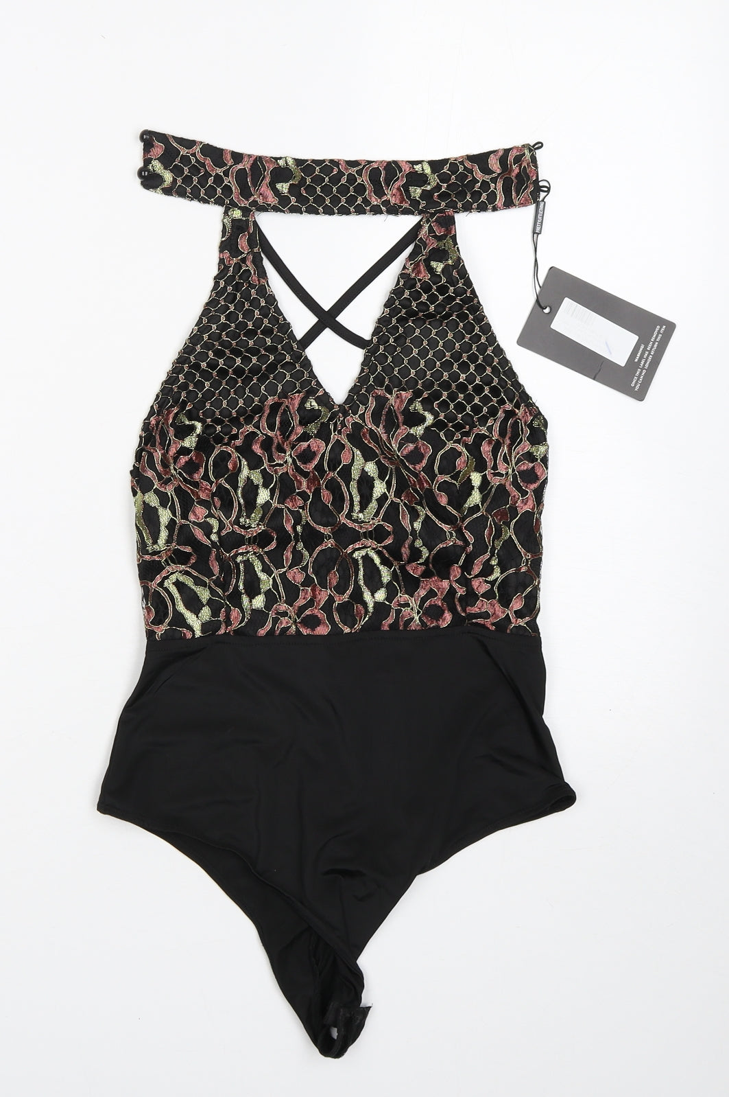 PRETTYLITTLETHING Womens Multicoloured Geometric Polyamide Bodysuit One-Piece Size 8