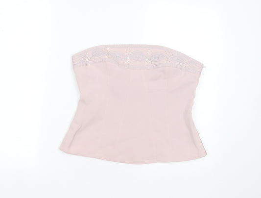 Front view of Next women’s pink polyester basic blouse, size UK 14, off the shoulder - embroidered detail