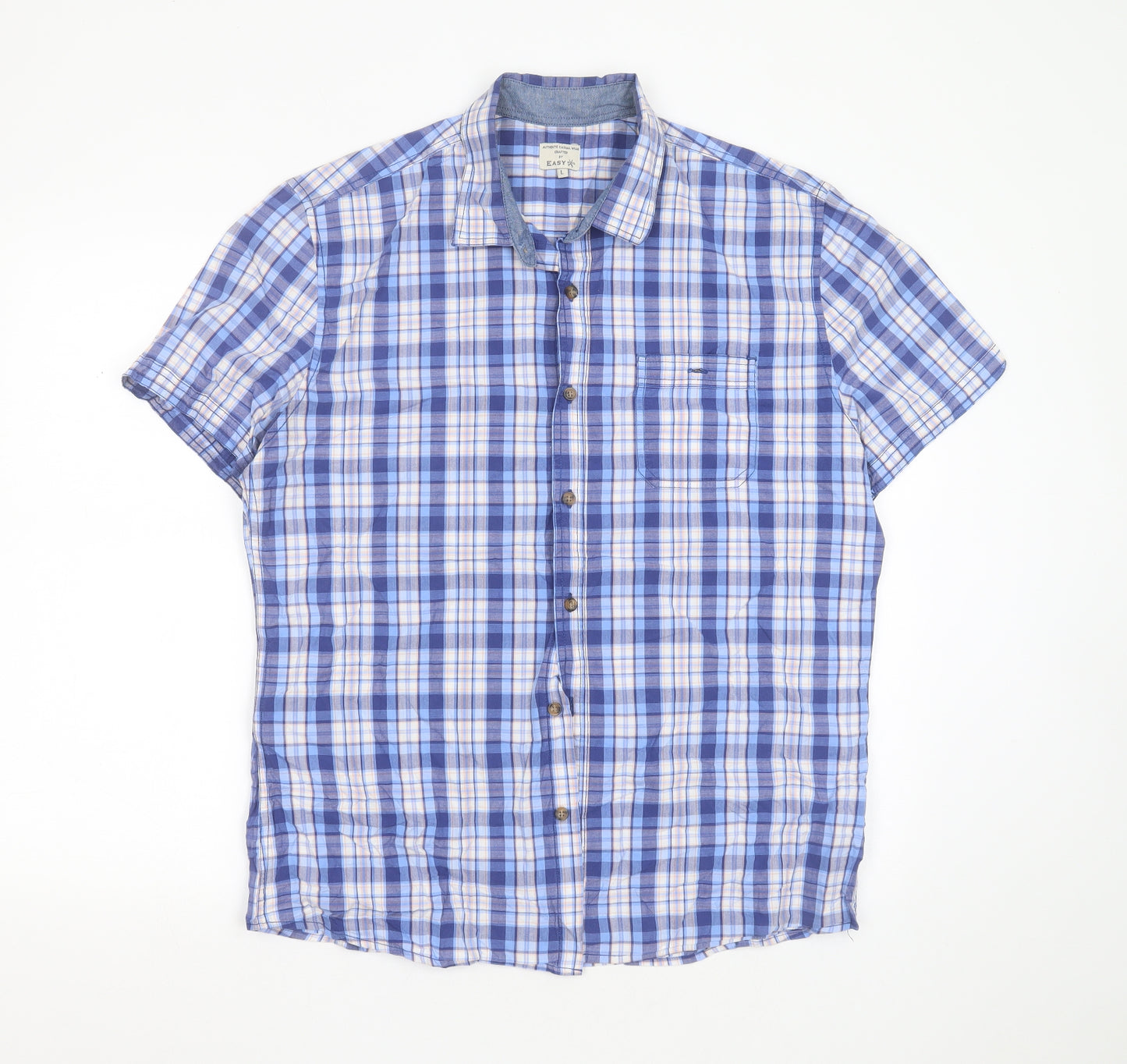 Easy Mens Blue Check Cotton  Button-Up Size L Collared Button