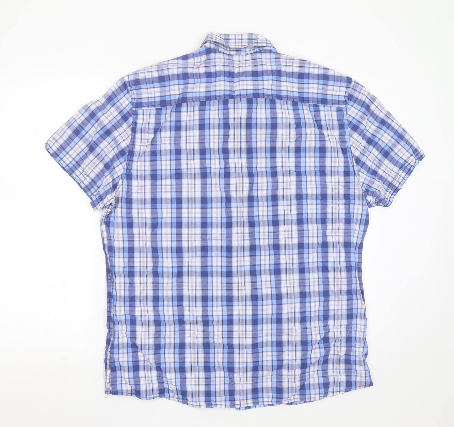 Easy Mens Blue Check Cotton  Button-Up Size L Collared Button