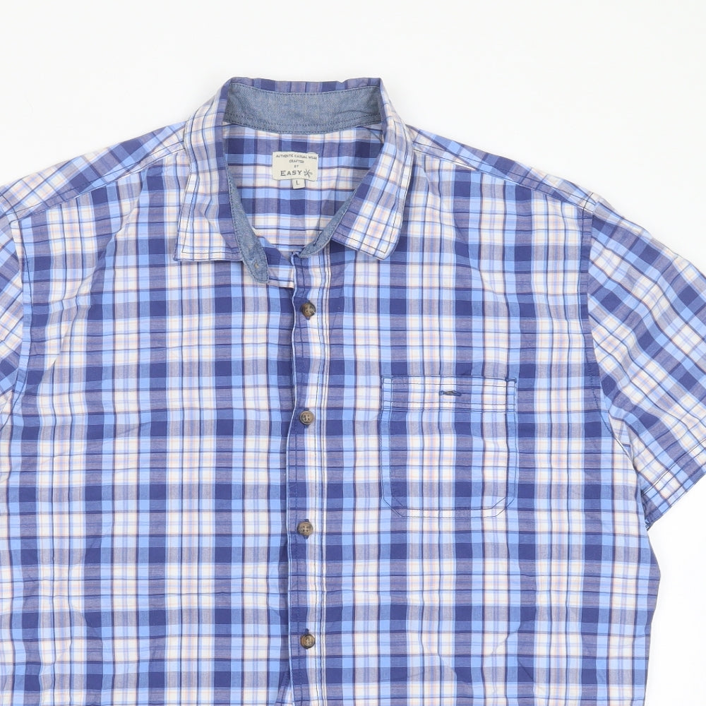 Easy Mens Blue Check Cotton  Button-Up Size L Collared Button