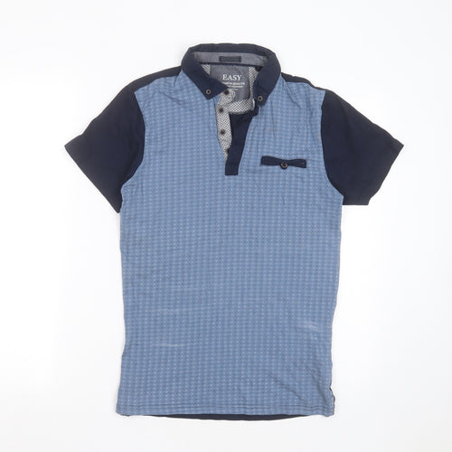 Easy Mens Blue Geometric Cotton  Polo Size S Collared