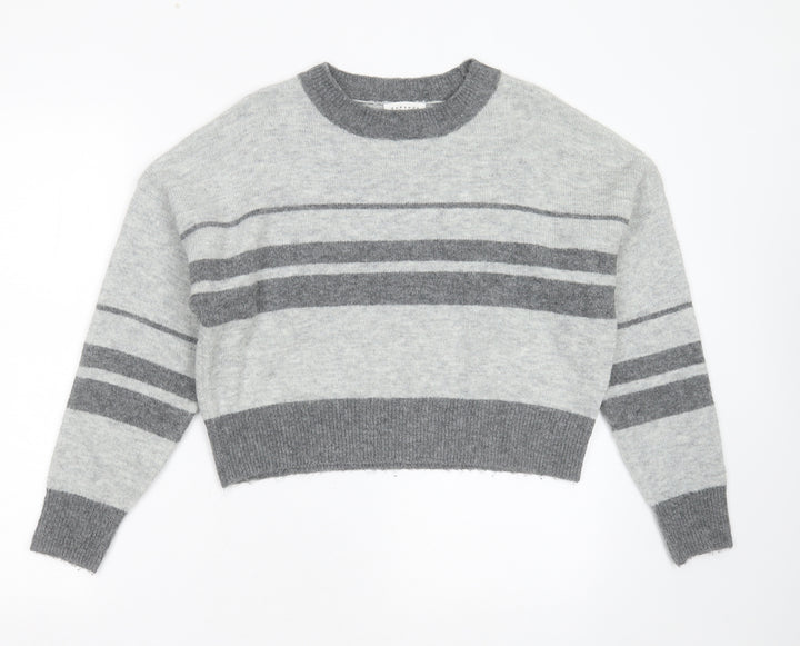Topshop Womens Grey Round Neck Striped Acrylic Pullover Jumper Size 8