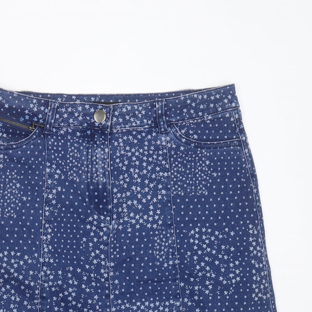 M&Co Womens Blue Floral Cotton A-Line Skirt Size 12   Zip