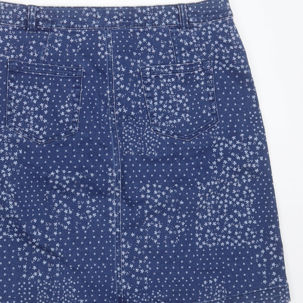 M&Co Womens Blue Floral Cotton A-Line Skirt Size 12   Zip