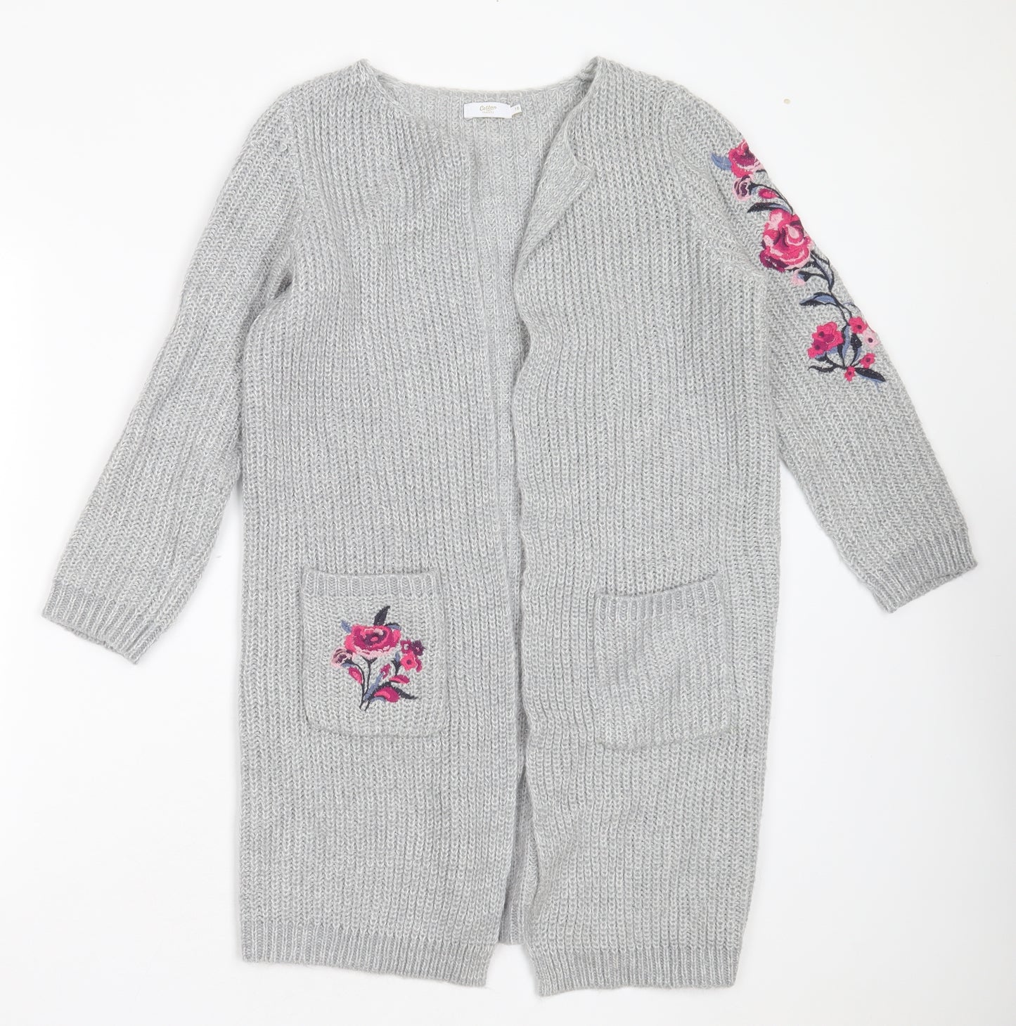 Cotton Traders Womens Grey V-Neck Floral Acrylic Cardigan Jumper Size 10   - Floral embroidery
