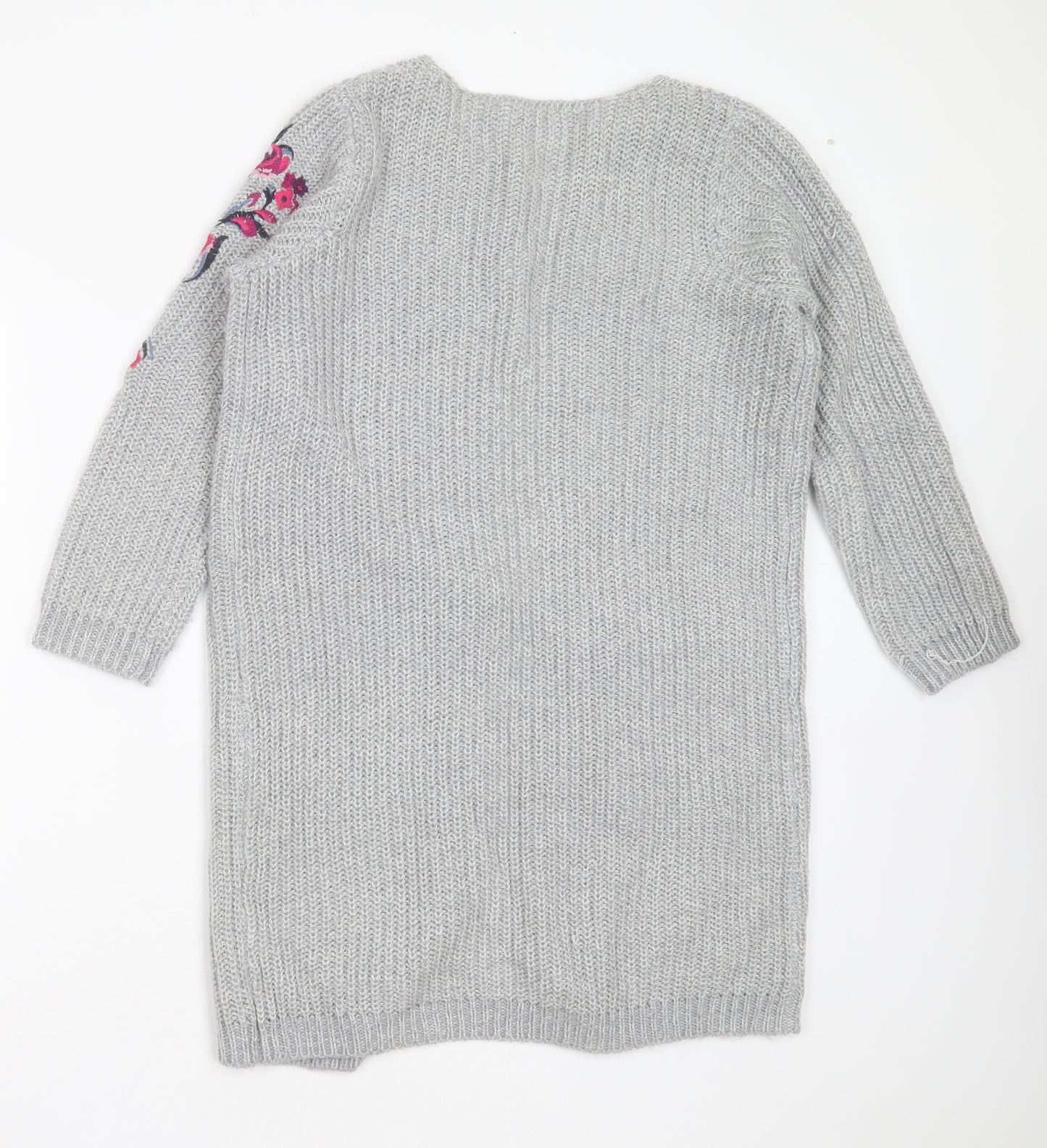Cotton Traders Womens Grey V-Neck Floral Acrylic Cardigan Jumper Size 10   - Floral embroidery