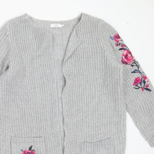 Cotton Traders Womens Grey V-Neck Floral Acrylic Cardigan Jumper Size 10   - Floral embroidery