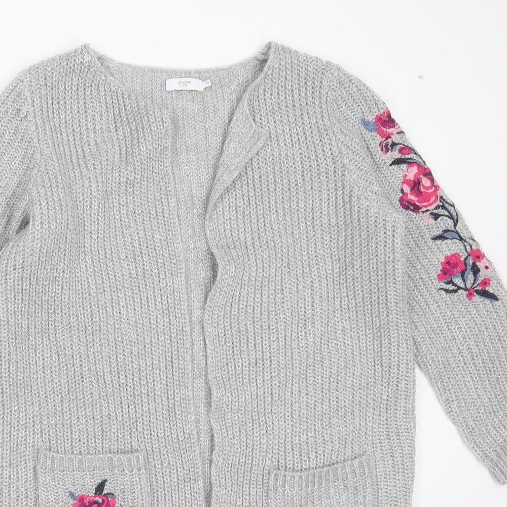 Cotton Traders Womens Grey V-Neck Floral Acrylic Cardigan Jumper Size 10   - Floral embroidery