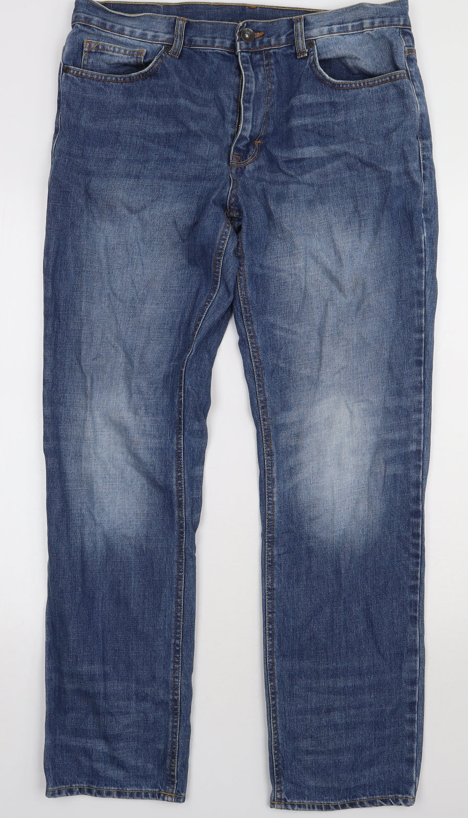 F&F Mens Blue  Cotton Straight Jeans Size 34 L32 in Regular Button