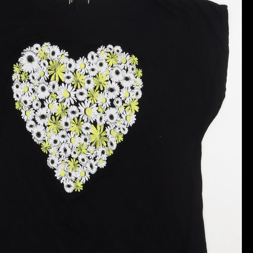 prewron Womens Black Floral Viscose Basic T-Shirt Size 18 Crew Neck