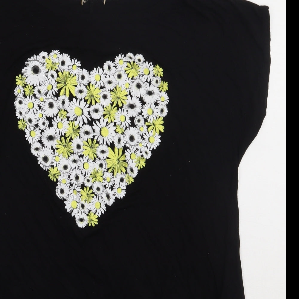 prewron Womens Black Floral Viscose Basic T-Shirt Size 18 Crew Neck