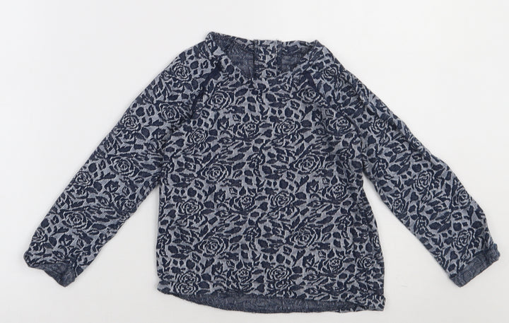 Matalan Girls Blue Floral Cotton Basic Casual Size 4-5 Years Crew Neck Button