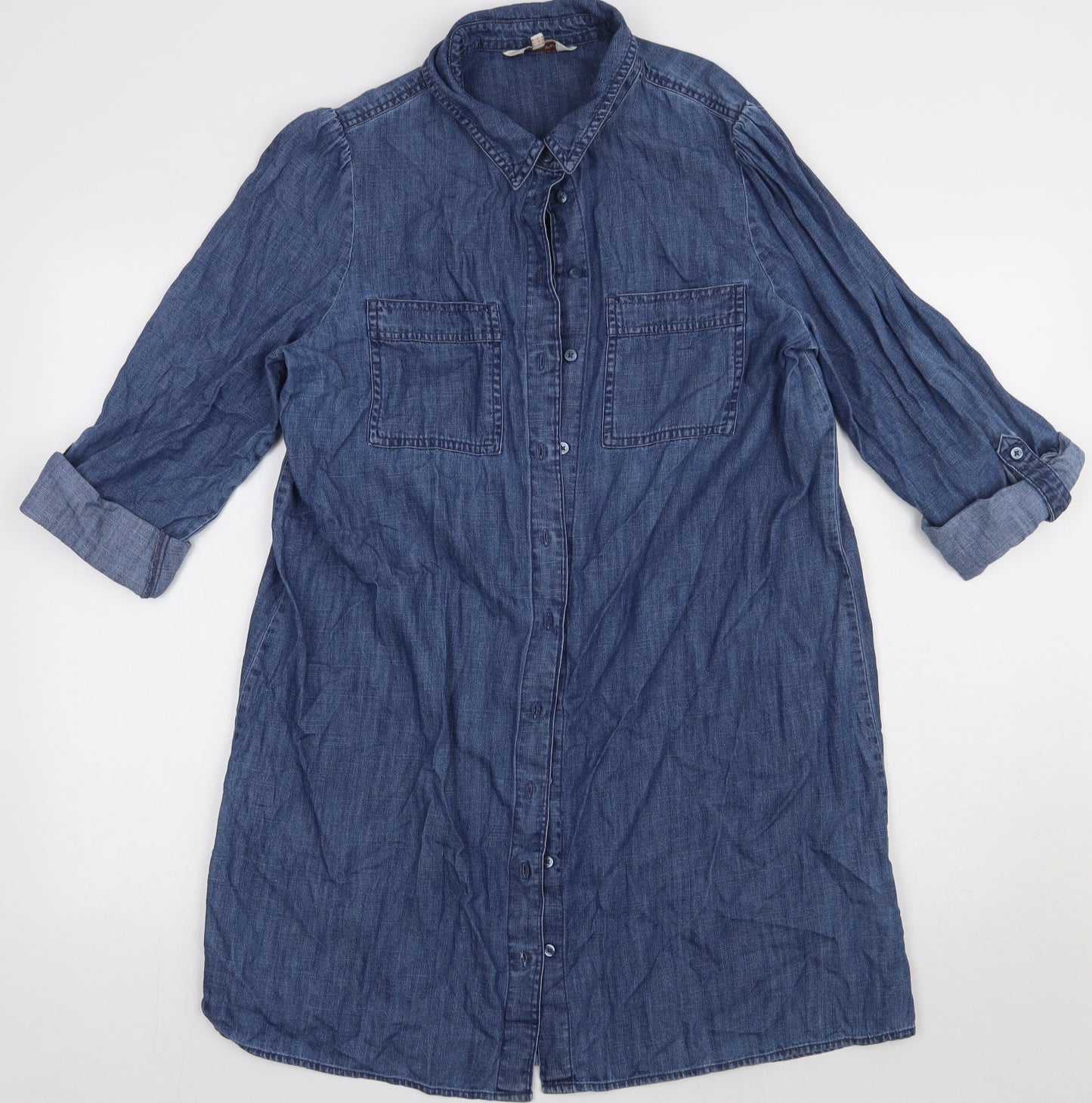 F&F Womens Blue  Cotton Shirt Dress  Size 12  Collared Button