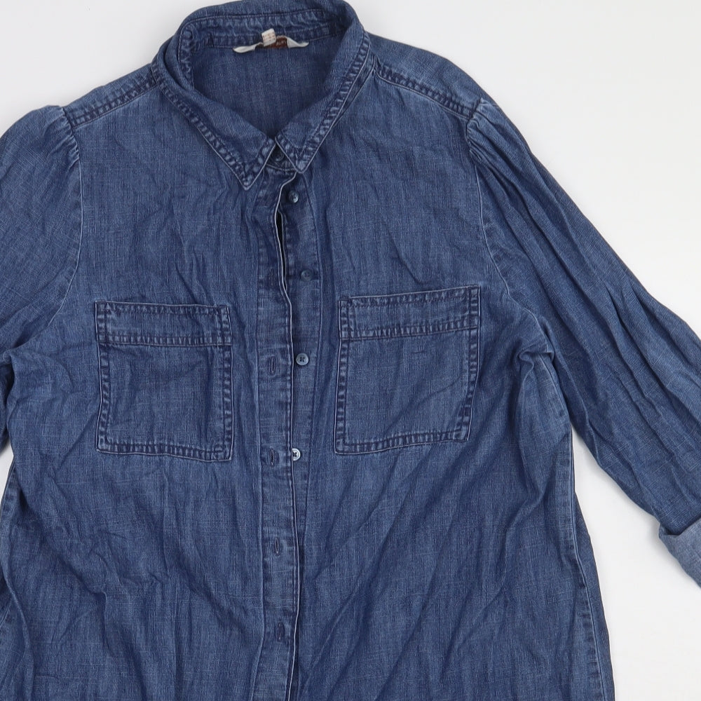 F&F Womens Blue  Cotton Shirt Dress  Size 12  Collared Button