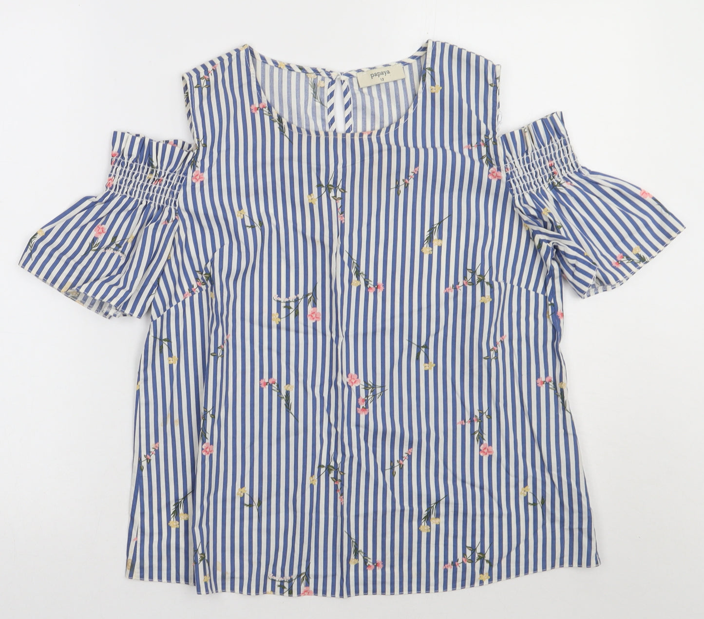 Matalan Womens Blue Striped Cotton Basic Tank Size 12 Crew Neck - Cold shoulder