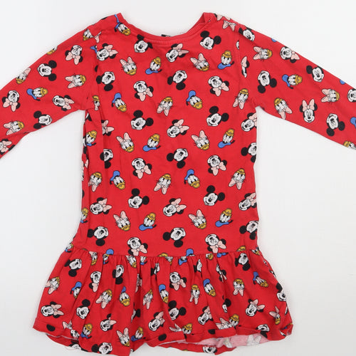 George Girls Red Geometric Cotton A-Line  Size 5-6 Years  Crew Neck Pullover - Micky Mouse