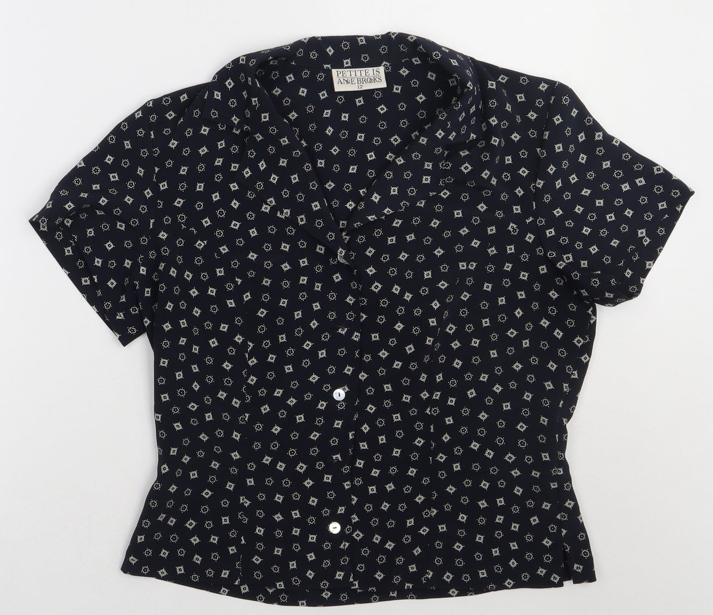 Anne Brooks Womens Blue Geometric Polyester Basic Button-Up Size 12 V-Neck