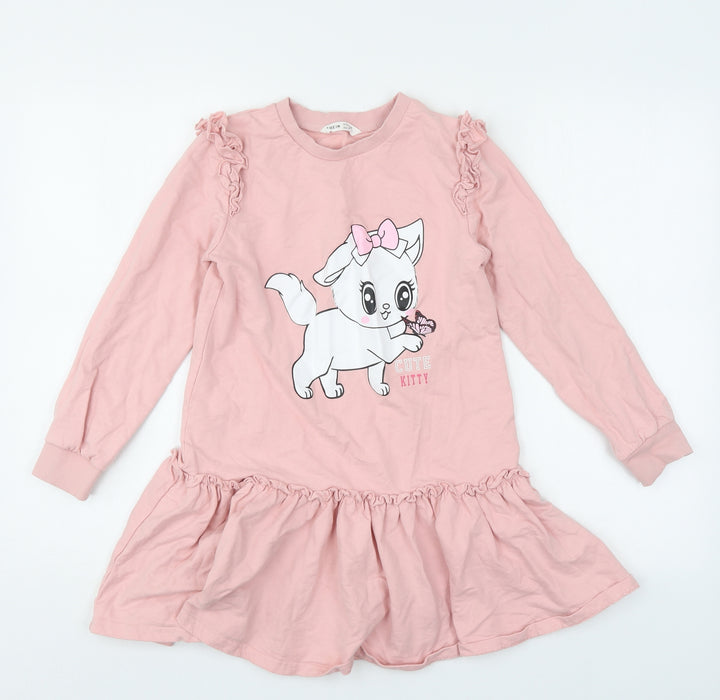 SheIn Girls Pink  Cotton Pullover Sweatshirt Size 10 Years  Pullover - Cute Kitty