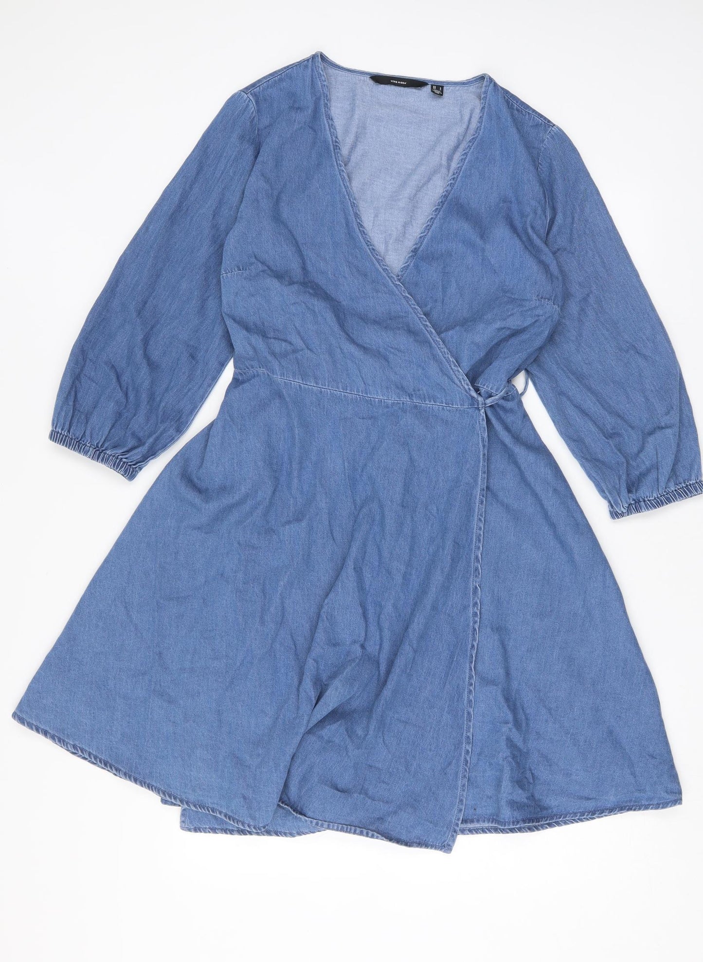 VERO MODA Womens Blue  Cotton Wrap Dress  Size L  V-Neck Tie