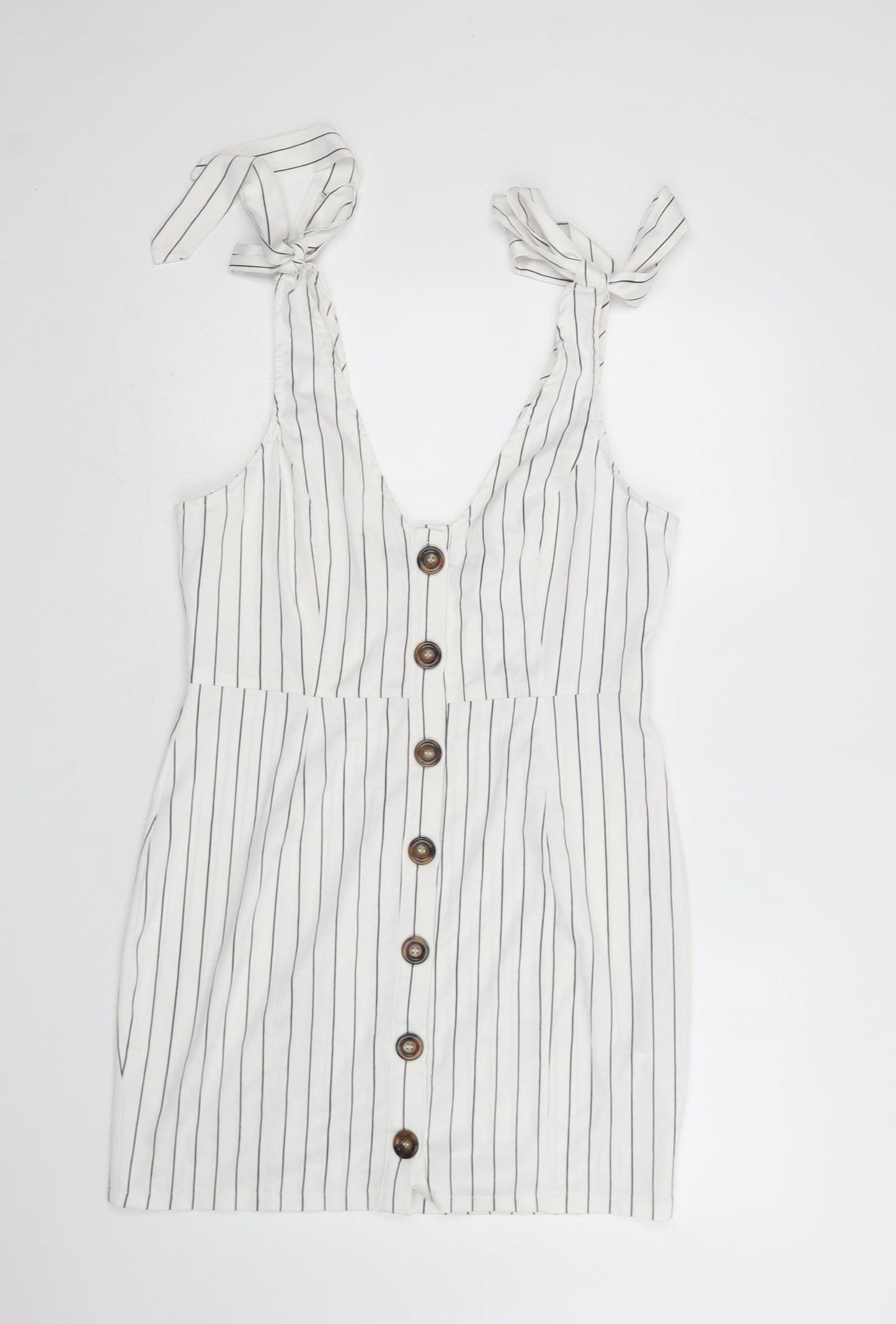 PRETTYLITTLETHING Womens White Striped Polyester Tank Dress  Size 12  V-Neck Button