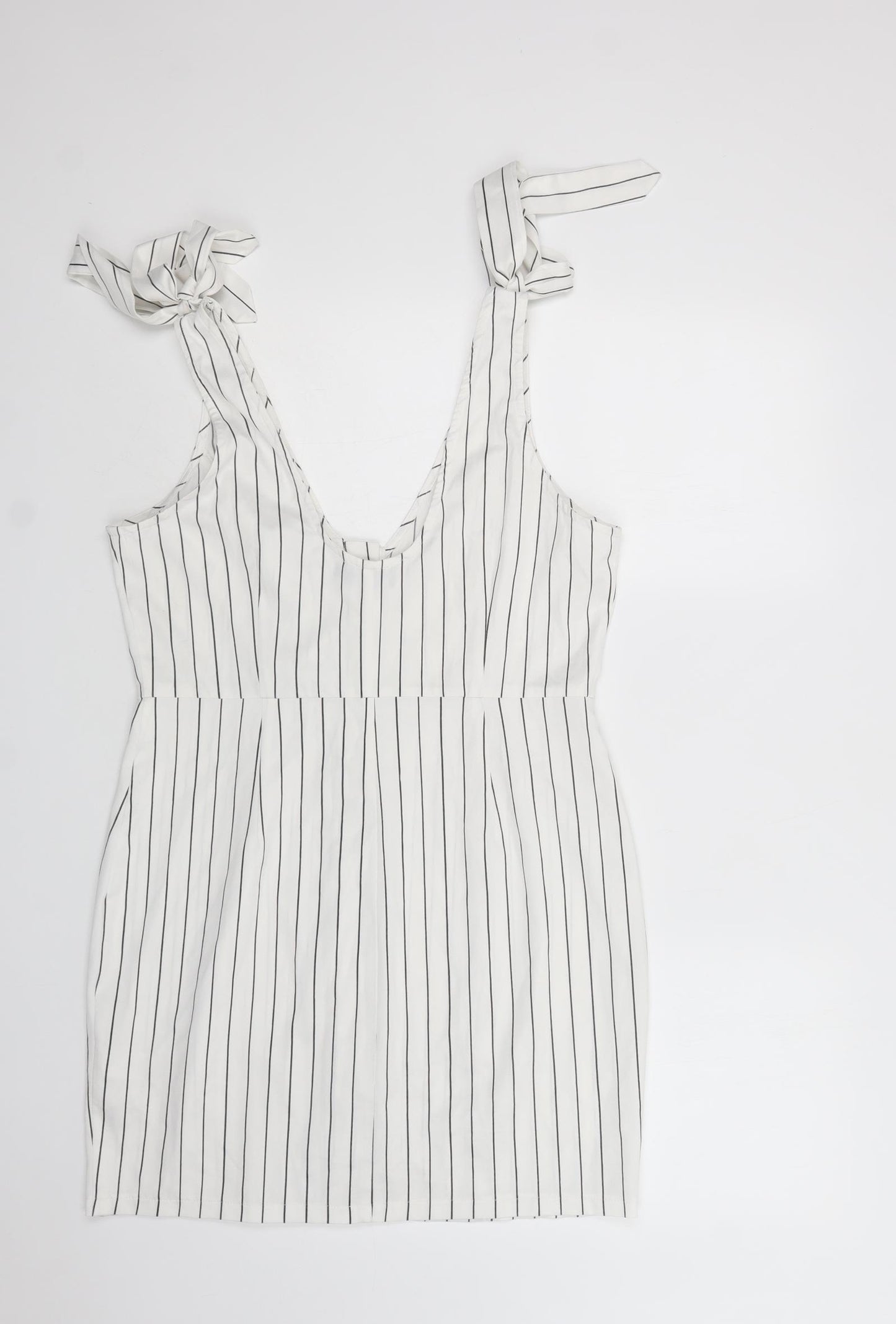 PRETTYLITTLETHING Womens White Striped Polyester Tank Dress  Size 12  V-Neck Button