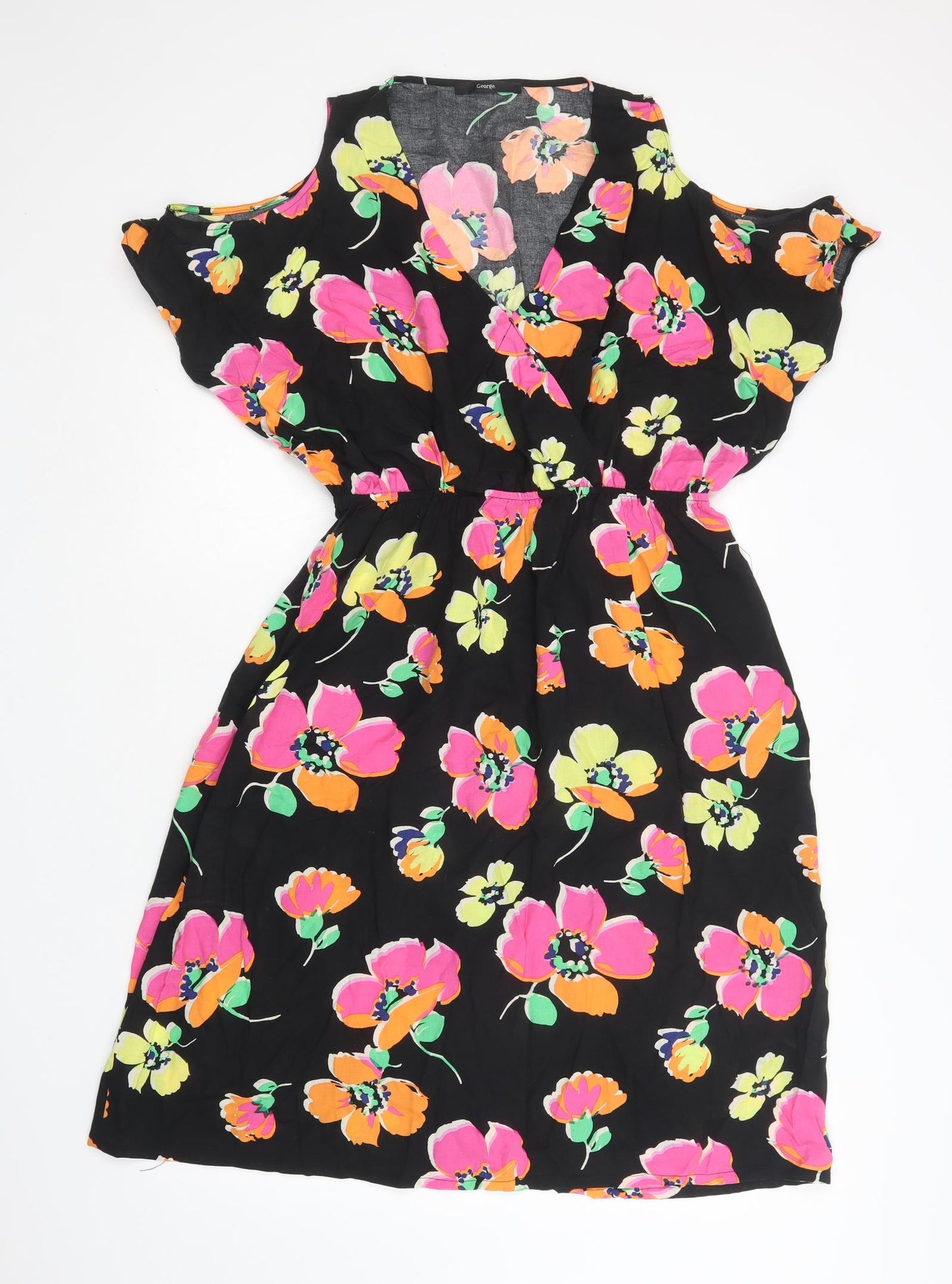 George Womens Black Floral Viscose A-Line  Size 16  V-Neck  - Cold Shoulder