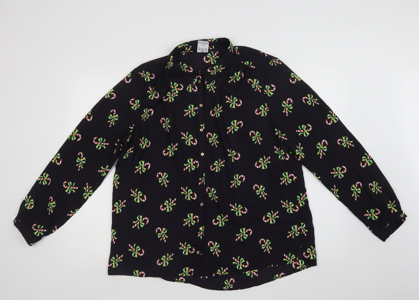 George Womens Black Geometric Polyester Basic Button-Up Size 16 Collared - Christmas Top