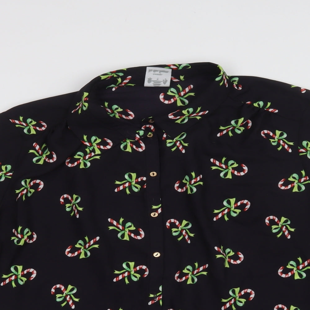 George Womens Black Geometric Polyester Basic Button-Up Size 16 Collared - Christmas Top