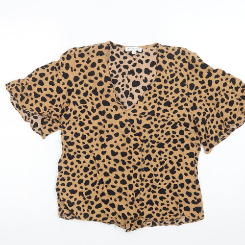 Warehouse Womens Beige Animal Print Viscose Basic Blouse Size 12 Collared