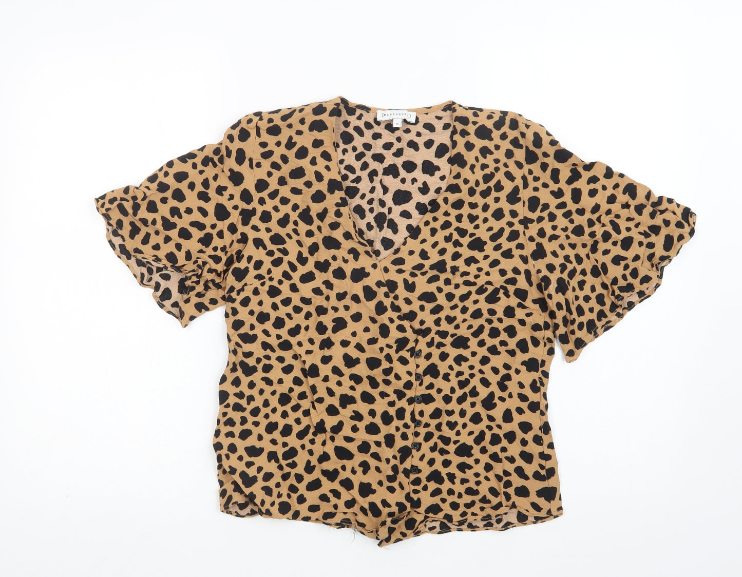 Warehouse Womens Beige Animal Print Viscose Basic Blouse Size 12 Collared