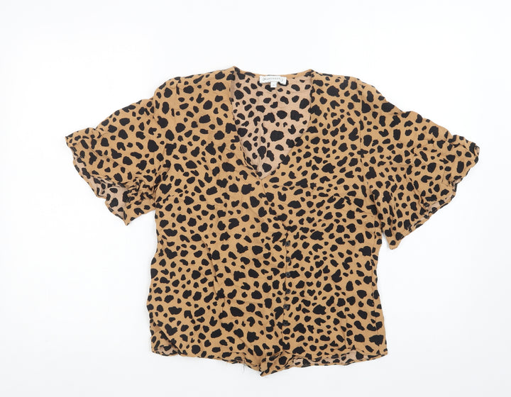 Warehouse Womens Beige Animal Print Viscose Basic Blouse Size 12 Collared