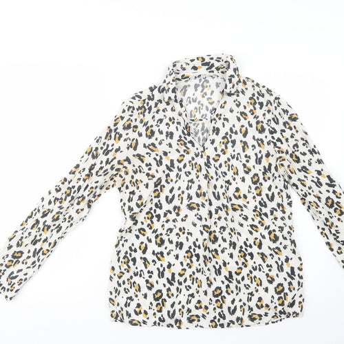F&F Womens White Animal Print Viscose Basic Blouse Size 8 V-Neck