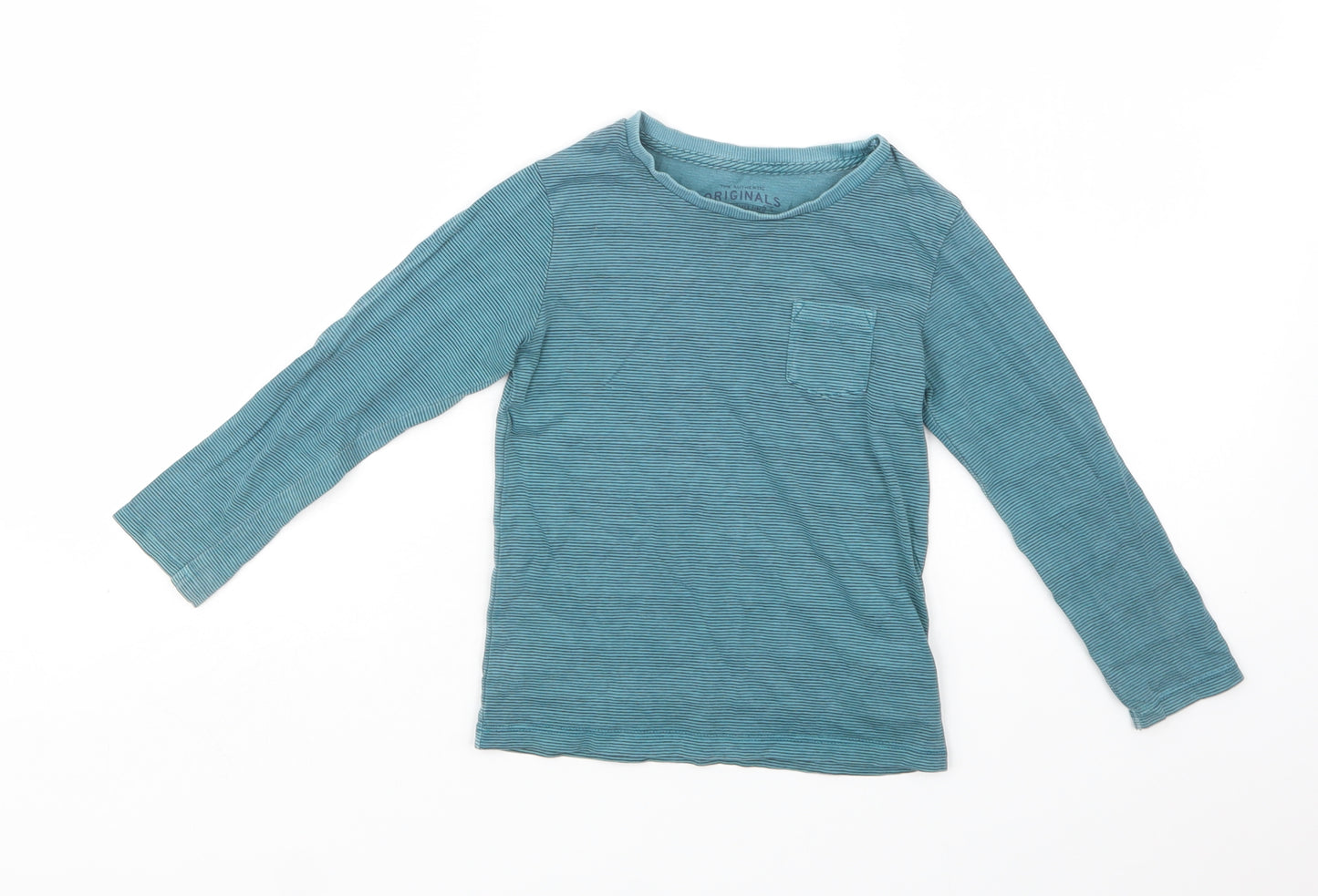 M&S Boys Green Striped Cotton Basic T-Shirt Size 3-4 Years Crew Neck