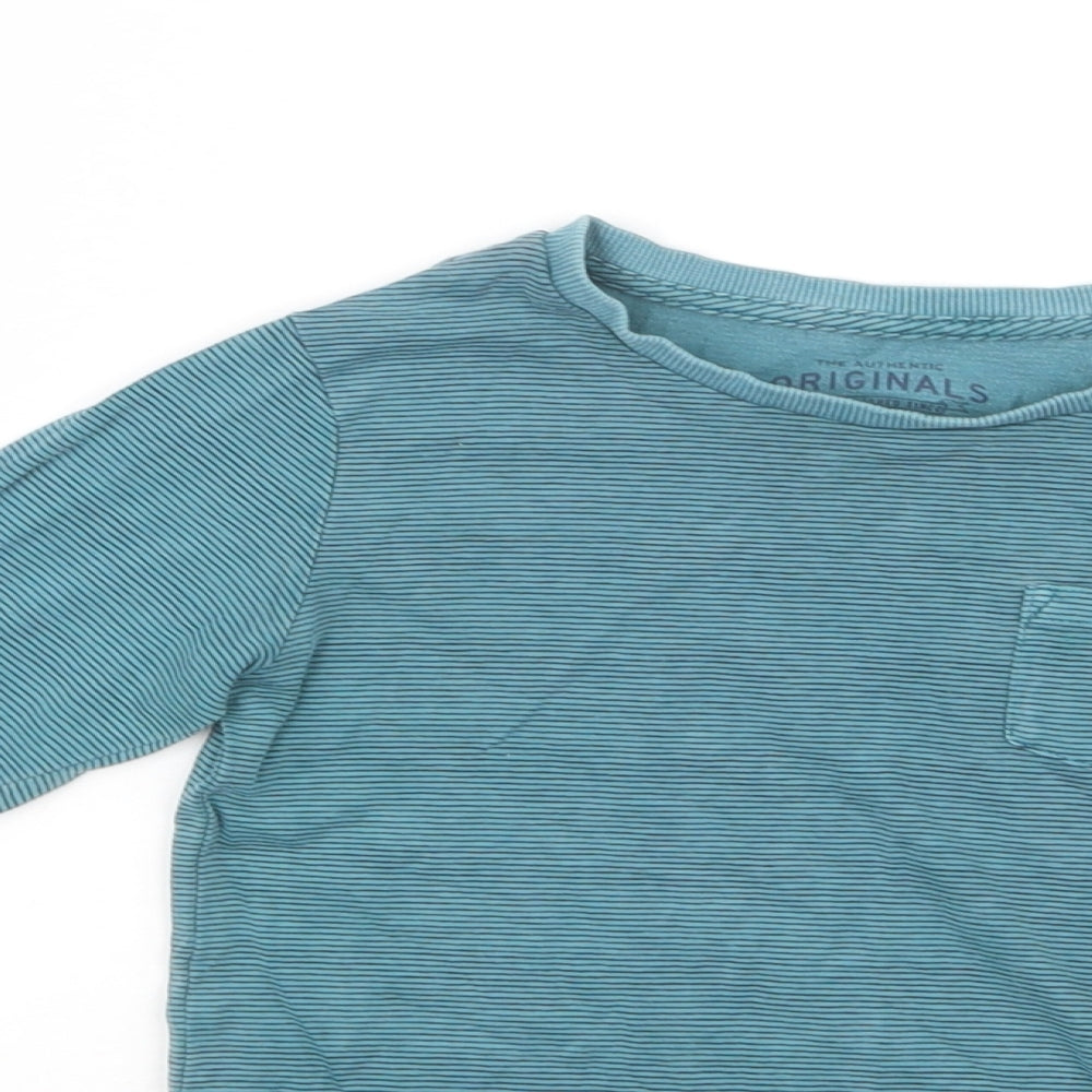 M&S Boys Green Striped Cotton Basic T-Shirt Size 3-4 Years Crew Neck