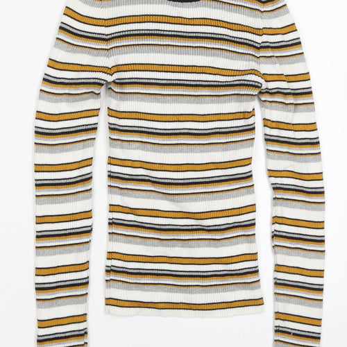 Topshop Womens Yellow Round Neck Striped Acrylic Pullover Jumper Size XS