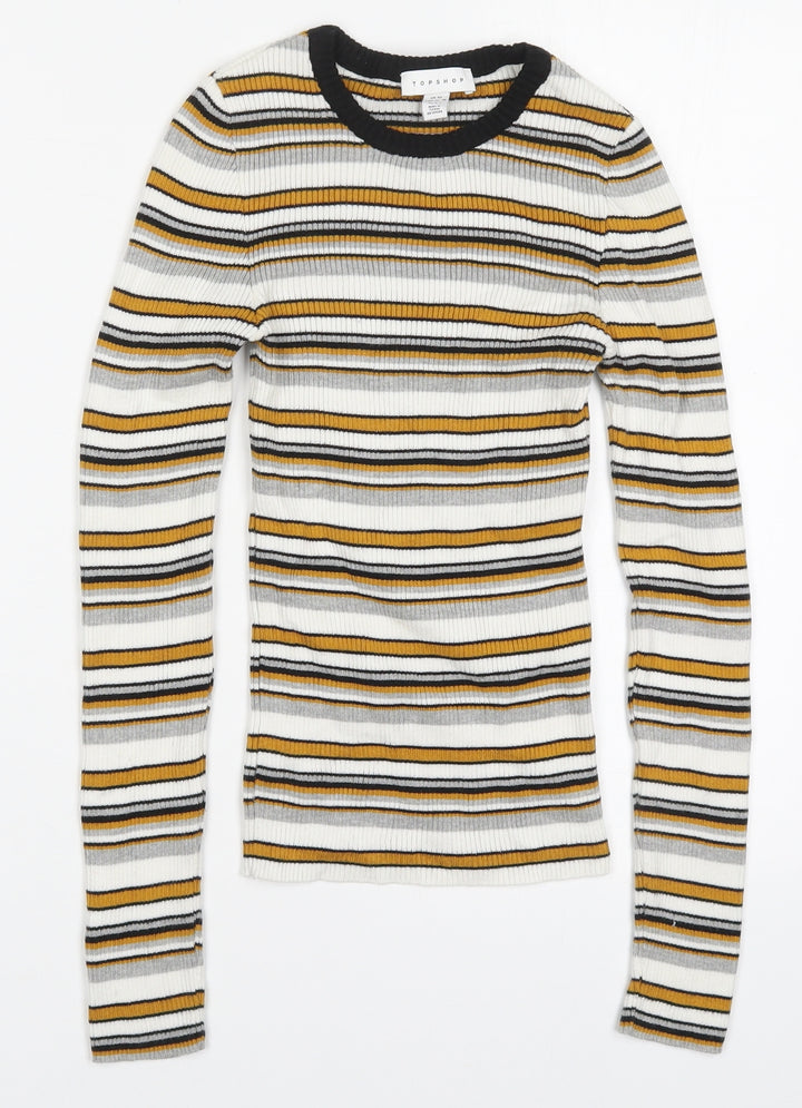 Topshop Womens Yellow Round Neck Striped Acrylic Pullover Jumper Size XS