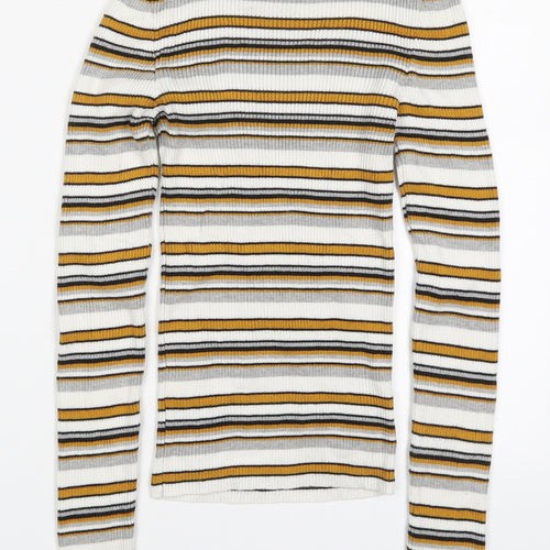 Topshop Womens Yellow Round Neck Striped Acrylic Pullover Jumper Size XS