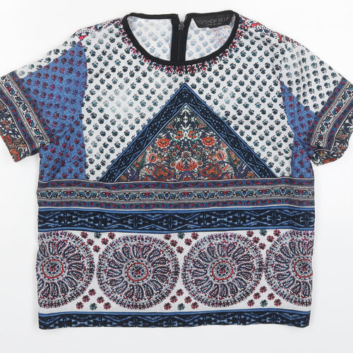 Topshop Womens Blue Geometric Polyester Basic Blouse Size 6 Round Neck